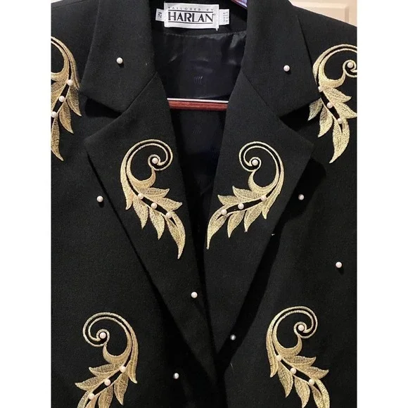 Vintage Blazer Suit Coat Jacket Embroidered Gold Leaf Thread with Pearl Accent - Picture 3 of 9